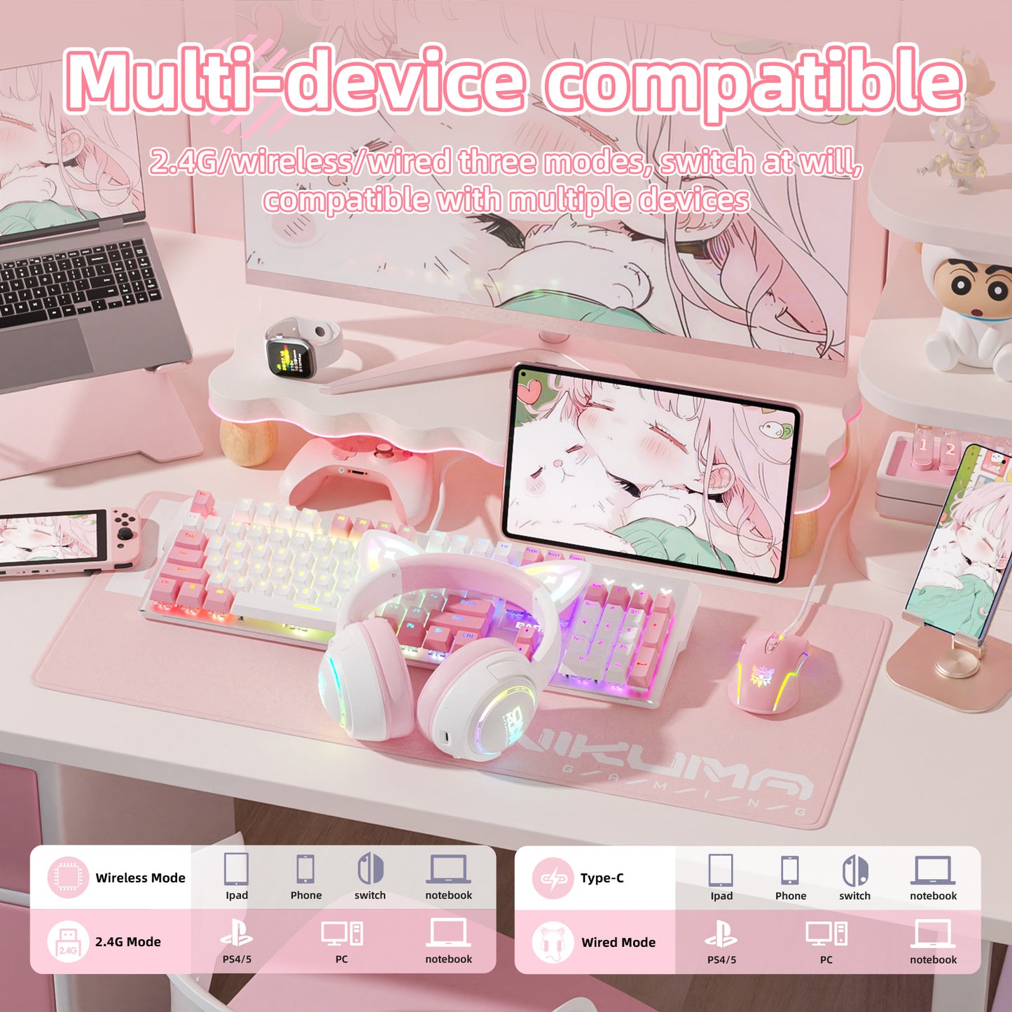 UHM Cat Ear Wireless Gaming Headset for Phone/PC/PS4/PS5/ Nintendo Switch