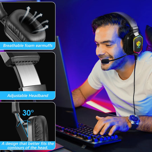 UHM Gaming Headset Wired for PS5 PS4 Xbox One Controller,Over Ear Headphones with Bass Stereo Sound,Noise Cancelling Microphone,RGB Lights for PC Phone Gamers