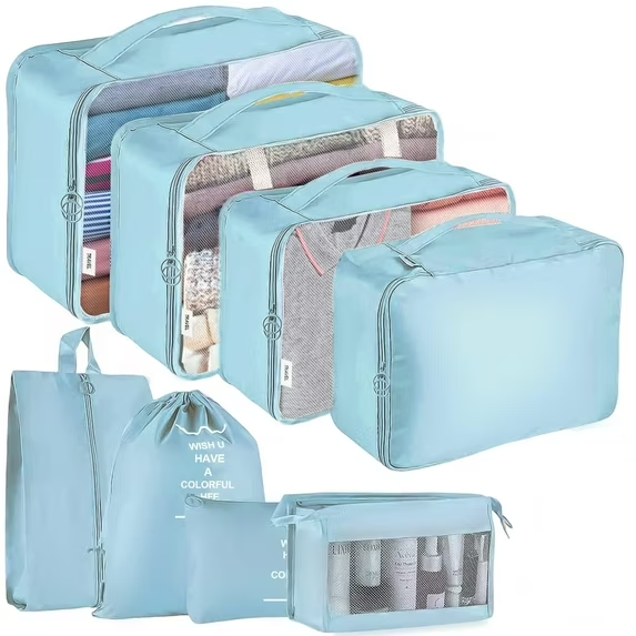 UVQYC Packing Cubes for Travel, 8Pcs Travel Cubes Set Foldable Waterproof Suitcase Organizer Luggage Storage Bag, Blue