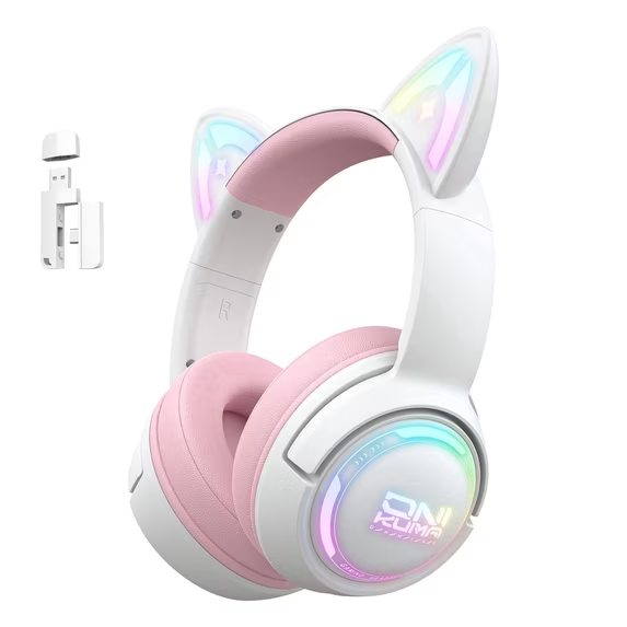 UVQYC Cat Ear Wireless Gaming Headset for PS5/PC/PS4/Phone/Nintendo Switch,Over Ear 2.4G/Bluetooth Gaming Headphones with HD Biult-in Mic,Lightweight,Ultra-low Latency,RGB,Pink