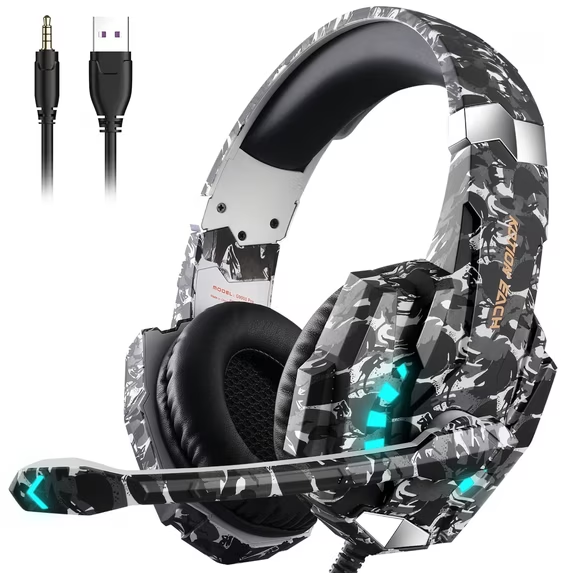 KoraiTect Gaming Headset Wired for PS5/PS4/PC/Switch Controller,Stereo Noise Cancelling Over Ear Headphones with Mic LED Light Bass Surround,CamoGray