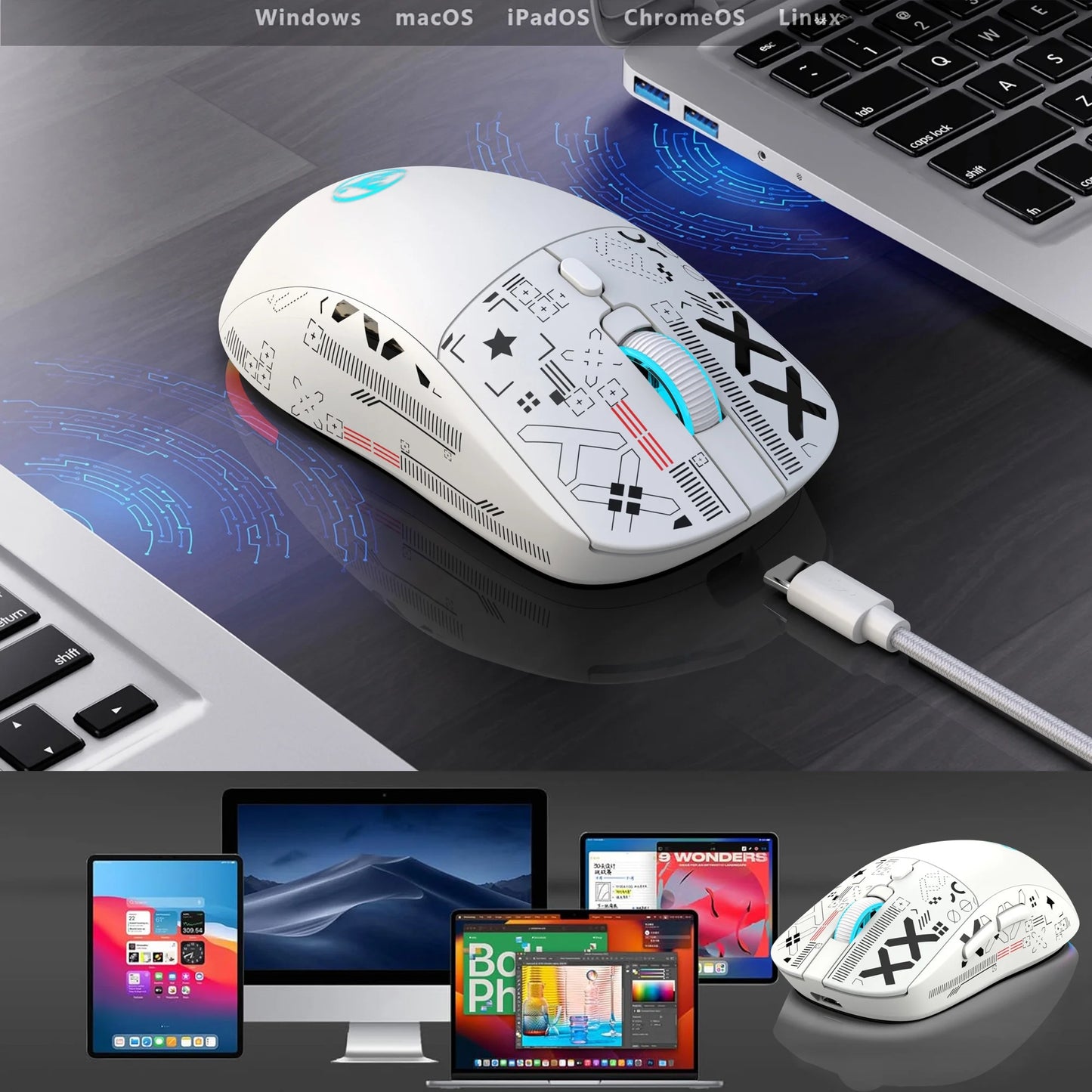 UHM Wirelss Gaming Mouse,Tri-Mode 2.4G/Bluetooth/USB-C Rechargeable Computer Mice with Silent,6 Macro Buttons,Ergonomic Design,Adjustable DPI,6 RGB LED Modes for PC/Mac/Laptop,White