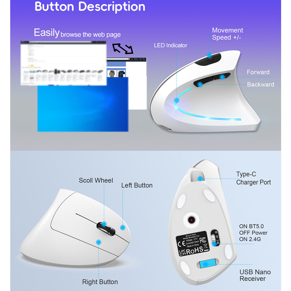 UHM Vertical Gaming Mouse,T22 White