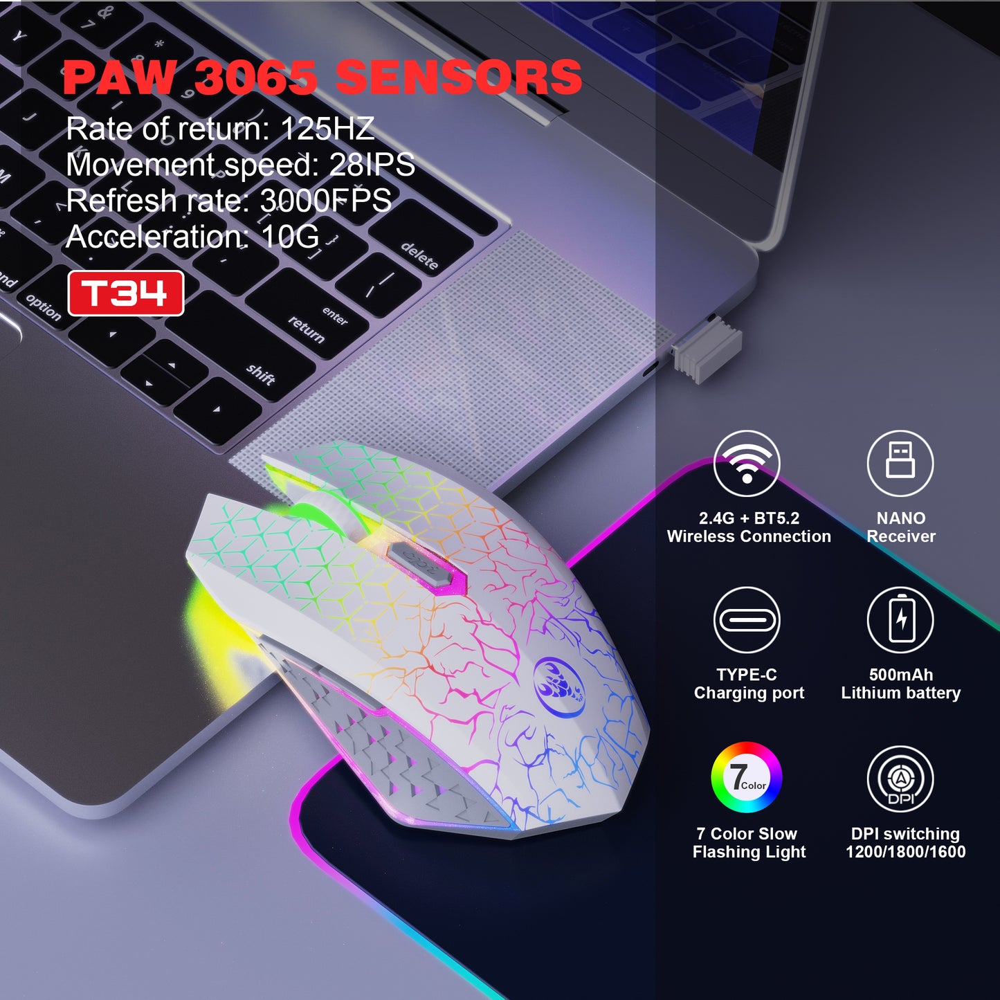 RCY 2.4G & Bluetooth 5.2 Dual Mode Wireless Gaming Mice, T34 White