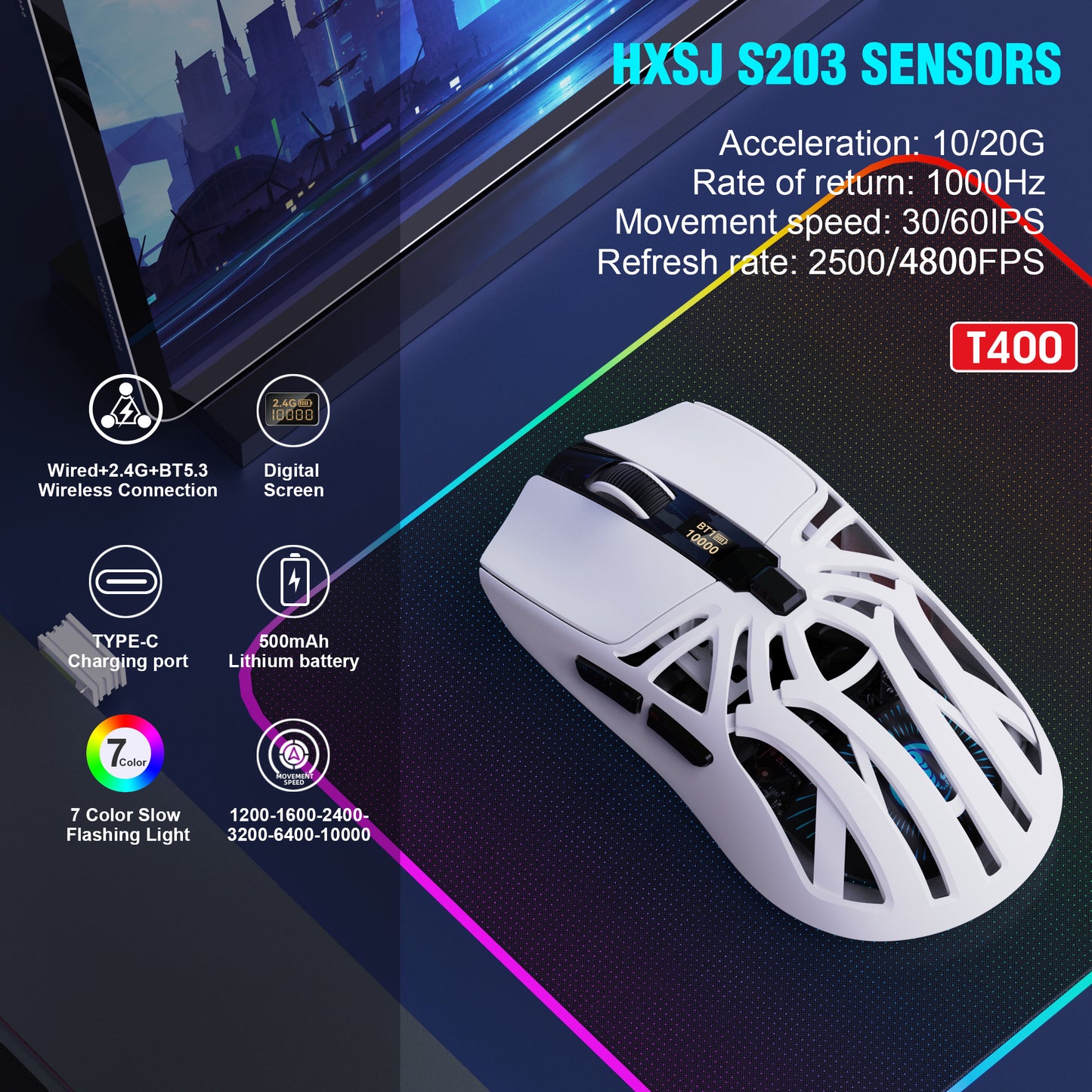 UHM Wireless Gaming Mouse T400 White