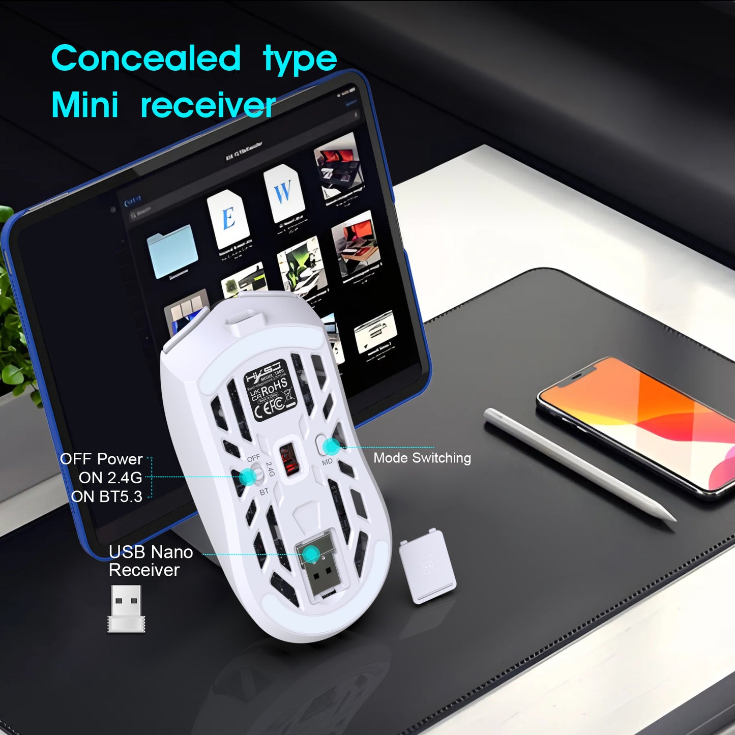UHM Wireless Gaming Mouse T400 White