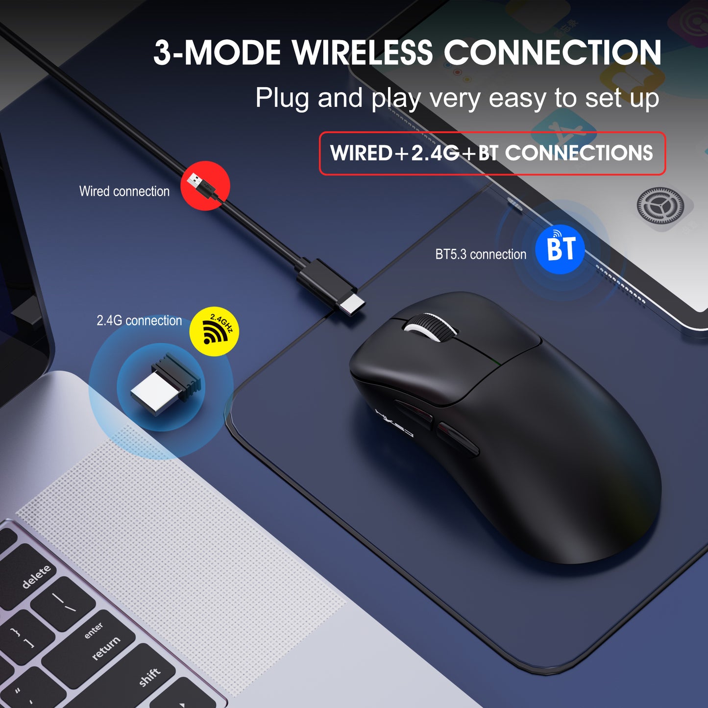 UVQYC Wireless Gaming Mouse With 57g Lightweight Design,10000DPI-Black