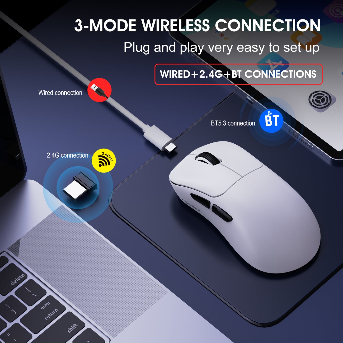 UVQYC Wireless Gaming Mouse With 57g Lightweight Design,10000DPI-White