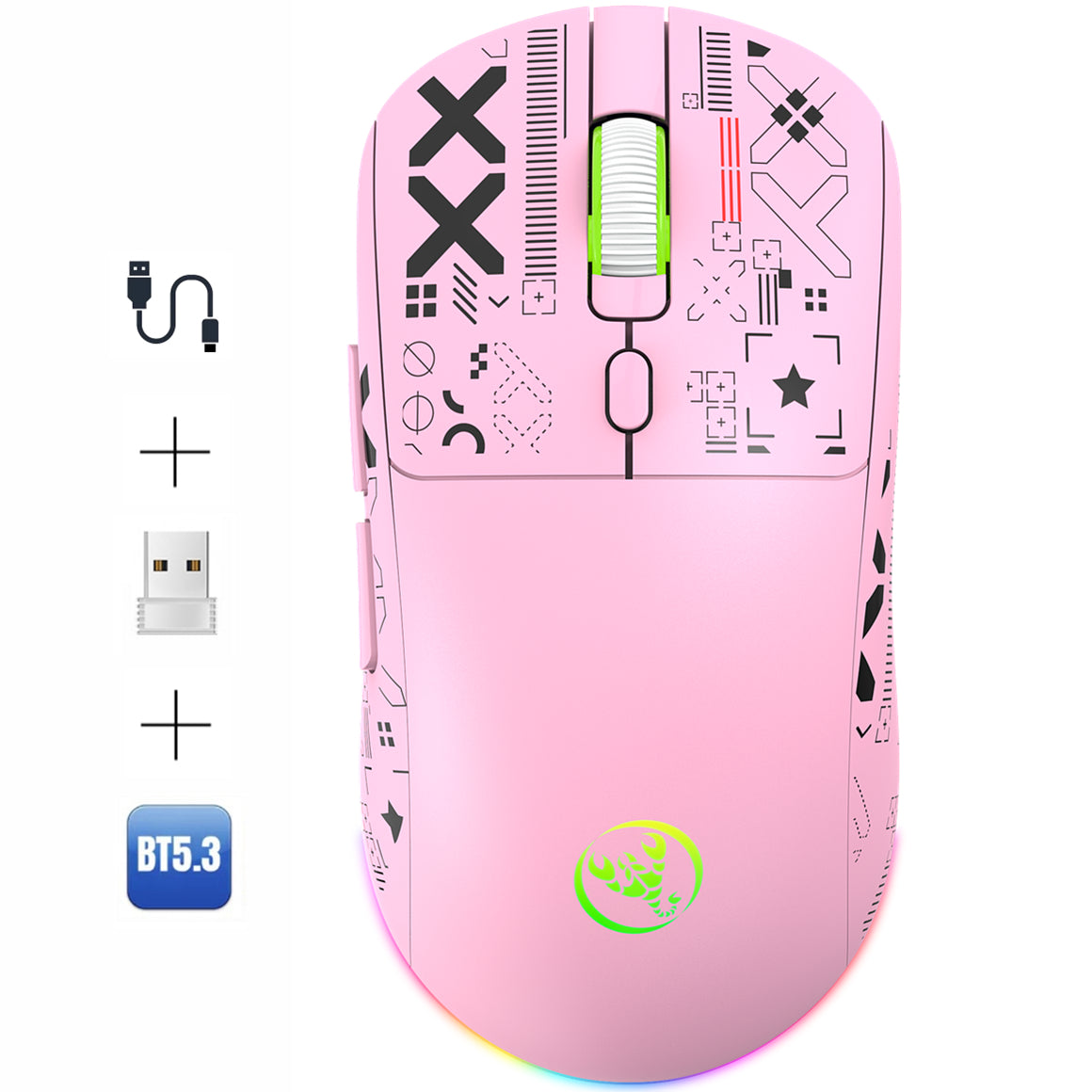 Wireless Gaming Mouse,Colorful RGB Backlight,T90Pink