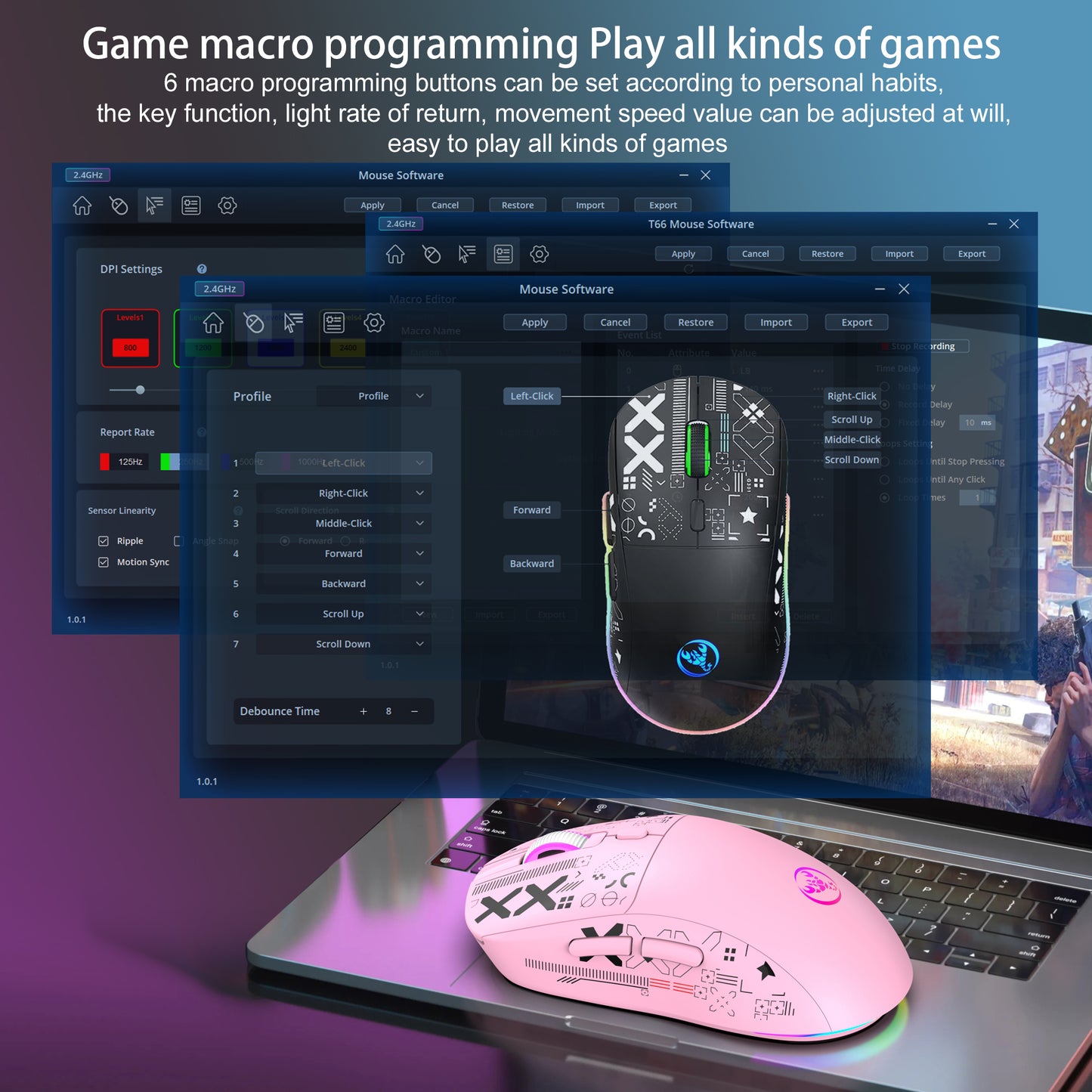 Wireless Gaming Mouse,Colorful RGB Backlight,T90Pink
