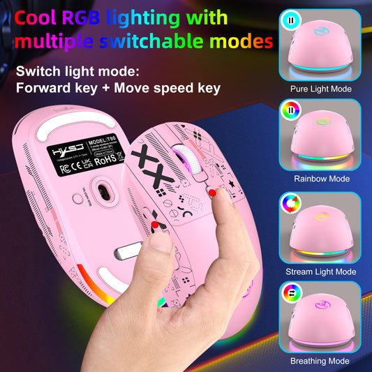 Wireless Gaming Mouse,Colorful RGB Backlight,T90Pink