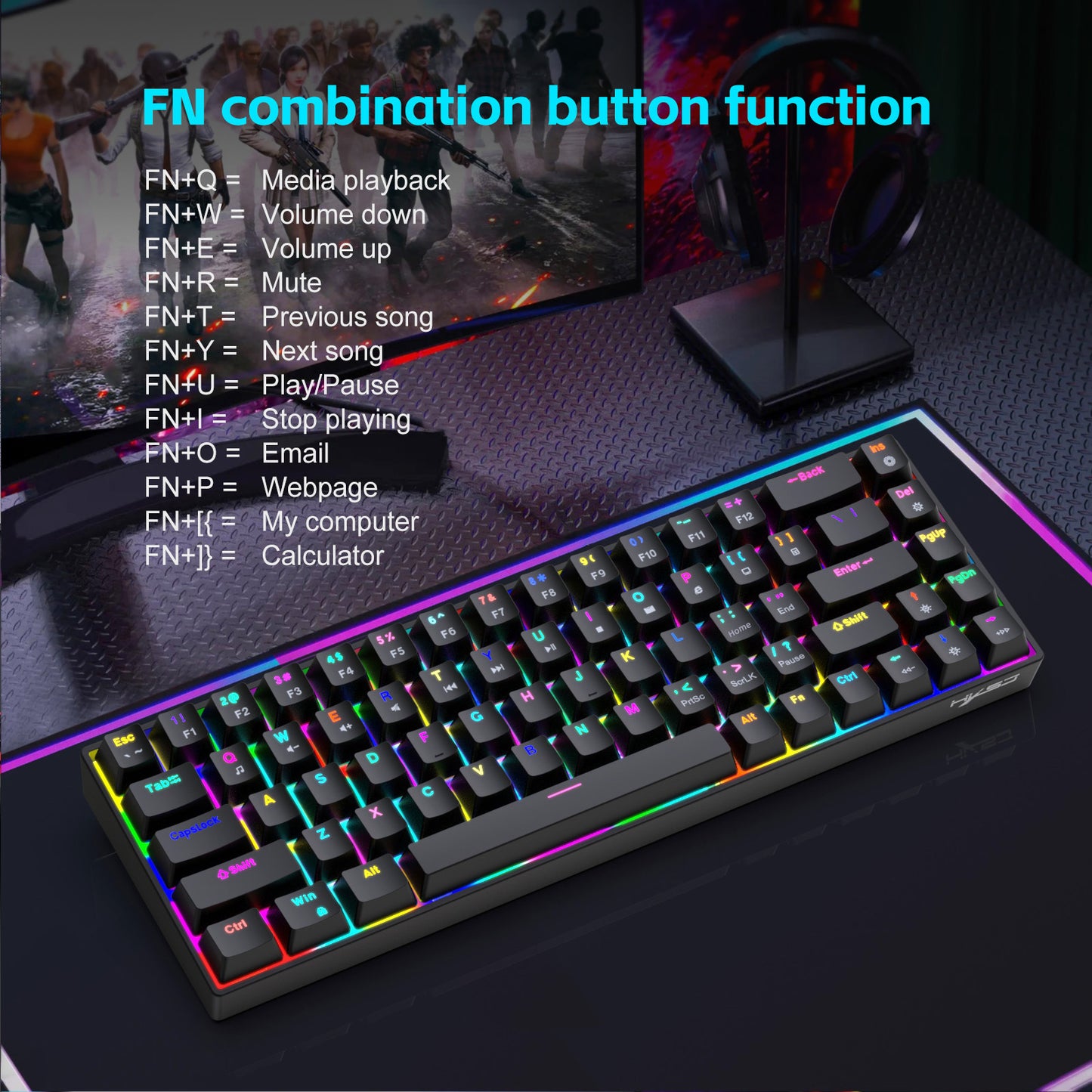 RCY RGB Gaming Keyboard Wired 68keys,V800RGB-B