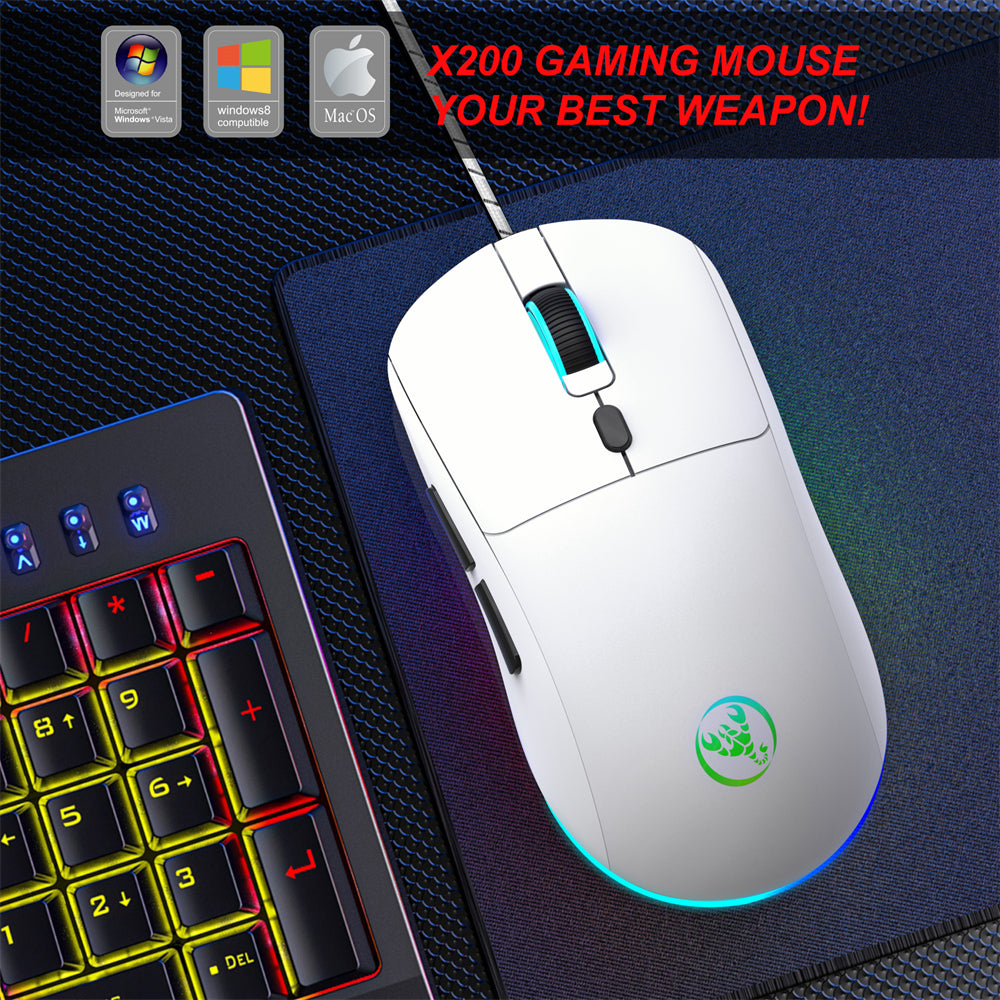 RCY X200 Wired Gaming Mouse USB Computer Mouse,White