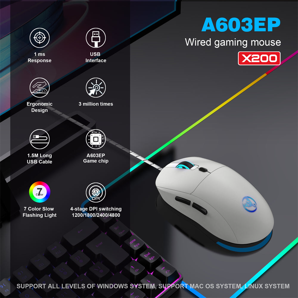 RCY X200 Wired Gaming Mouse USB Computer Mouse,White