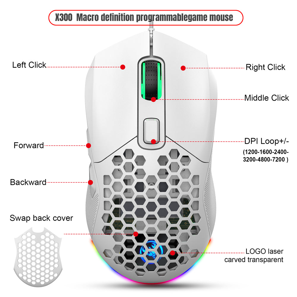 RCY Wired Optical Gaming Mouse for PC Gaming, 6 Buttons, Honeycomb Shell, Up to 7200 DPI