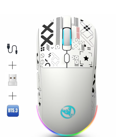 UHM Wirelss Gaming Mouse,Tri-Mode 2.4G/Bluetooth/USB-C Rechargeable Computer Mice with Silent,6 Macro Buttons,Ergonomic Design,Adjustable DPI,6 RGB LED Modes for PC/Mac/Laptop,White