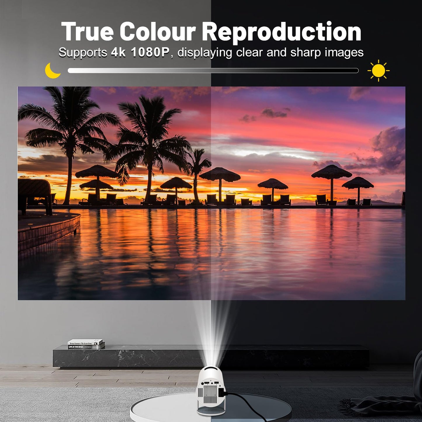 UHM Mini Projector with WIFI 6 and Bluetooth, 4K 1080P Support Portable Projector 180° Rotatable 130'' Screen Movie Projector