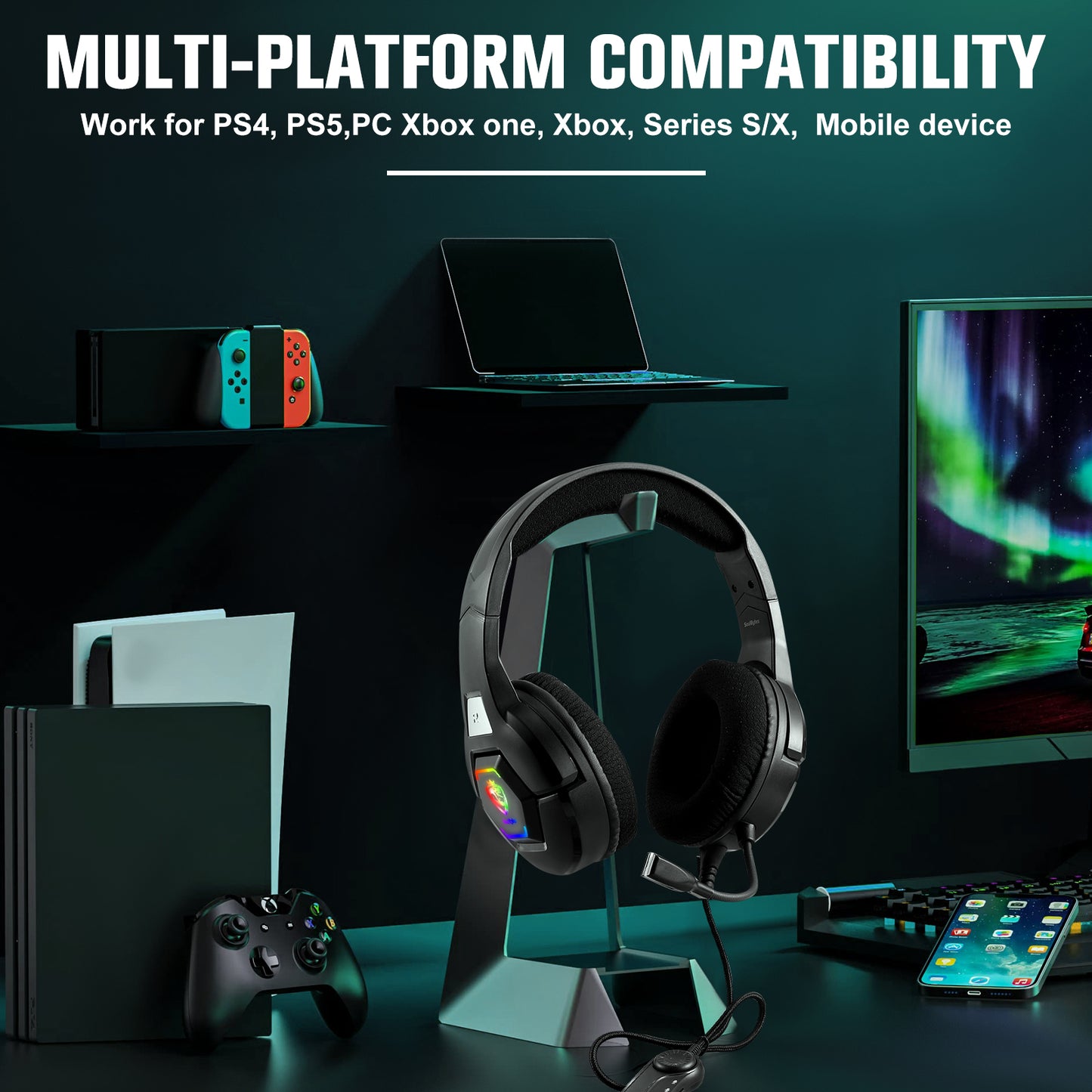 UHM S100 Wired Gaming Headsets for PC, P4, P5, Xbox,Black