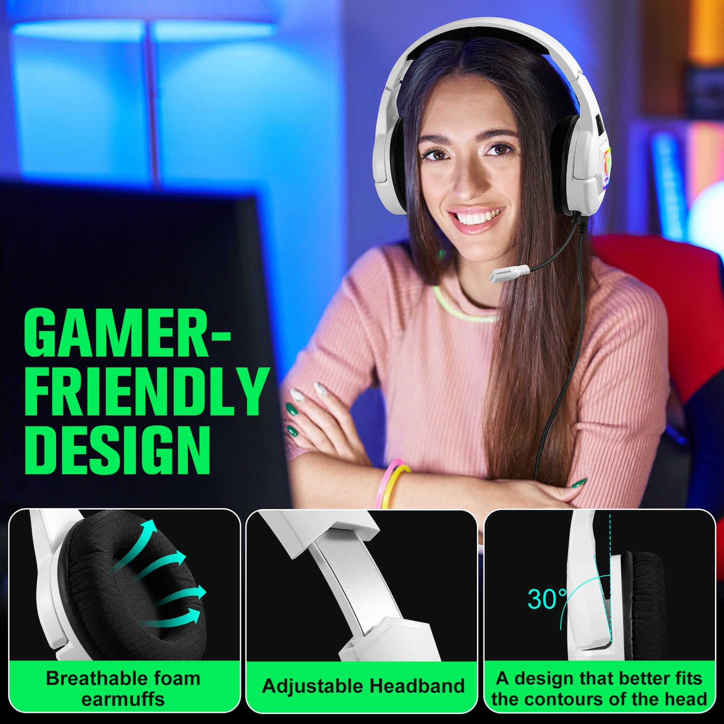UHM S100 Wired Gaming Headset for PC, P4, P5, Xbox, White