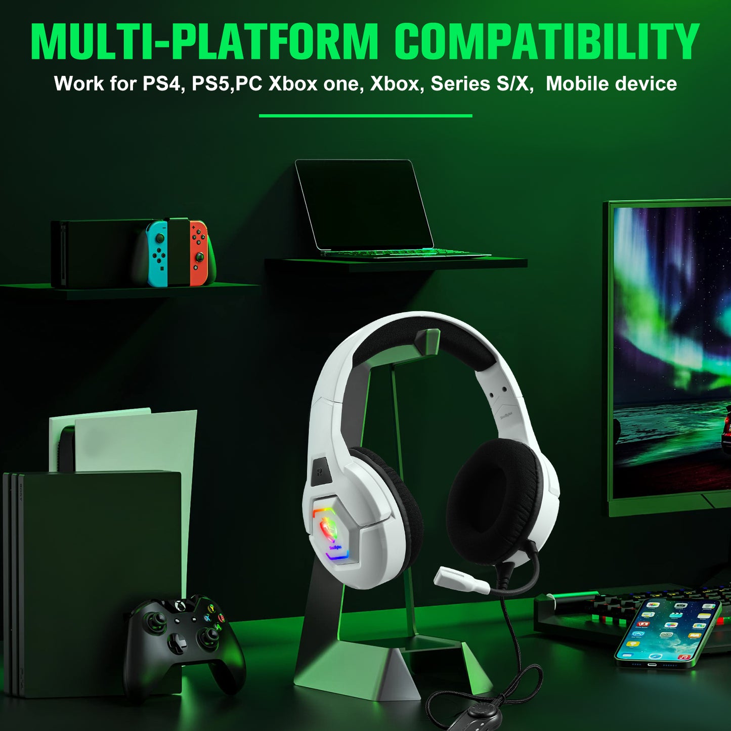 UHM S100 Wired Gaming Headset for PC, P4, P5, Xbox, White