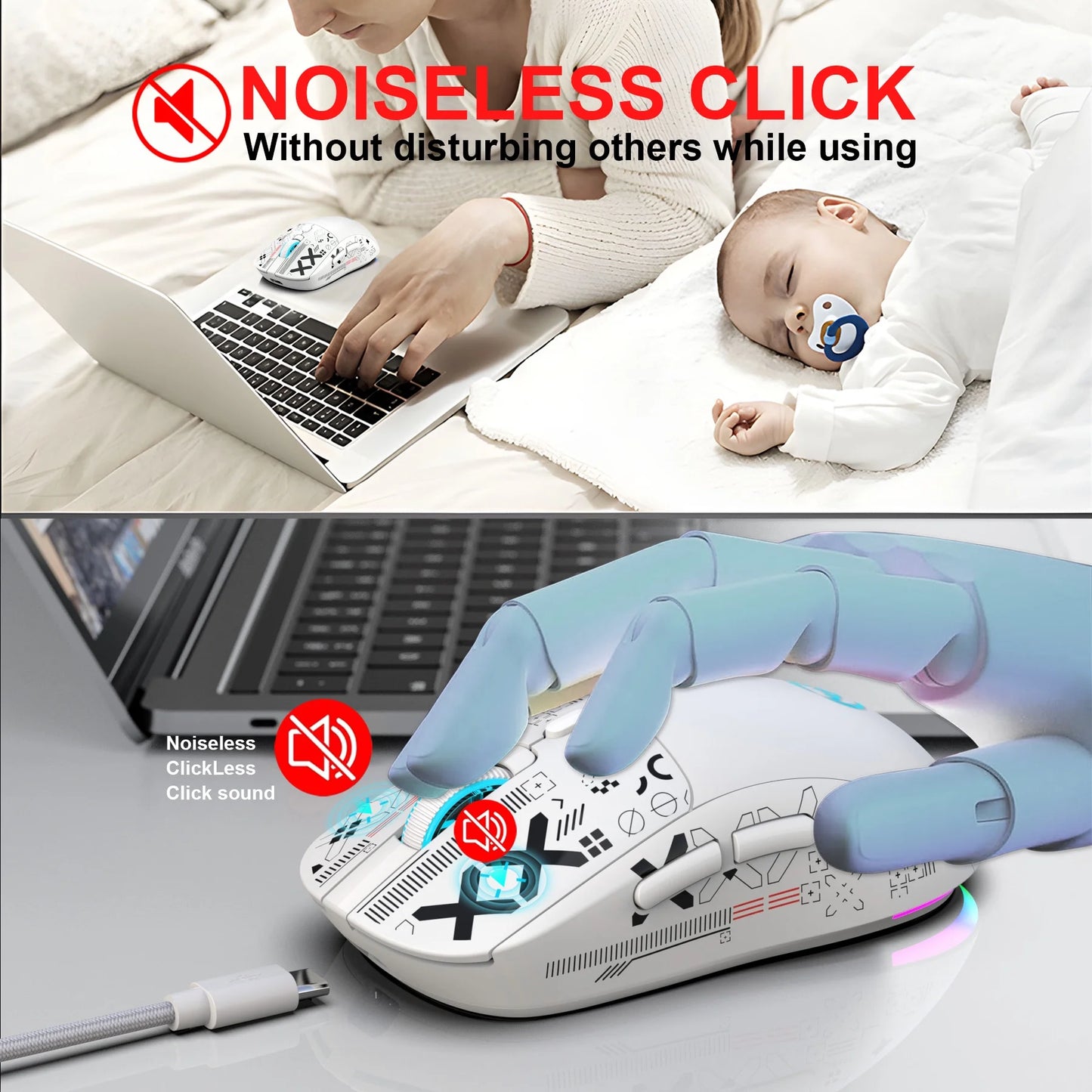 UHM Wirelss Gaming Mouse,Tri-Mode 2.4G/Bluetooth/USB-C Rechargeable Computer Mice with Silent,6 Macro Buttons,Ergonomic Design,Adjustable DPI,6 RGB LED Modes for PC/Mac/Laptop,White