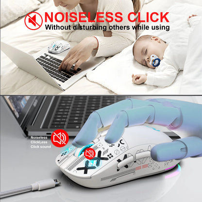 UHM Wirelss Gaming Mouse,Tri-Mode 2.4G/Bluetooth/USB-C Rechargeable Computer Mice with Silent,6 Macro Buttons,Ergonomic Design,Adjustable DPI,6 RGB LED Modes for PC/Mac/Laptop,White