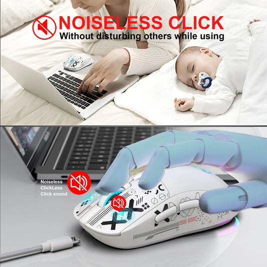 UHM Wirelss Gaming Mouse,Tri-Mode 2.4G/Bluetooth/USB-C Rechargeable Computer Mice with Silent,6 Macro Buttons,Ergonomic Design,Adjustable DPI,6 RGB LED Modes for PC/Mac/Laptop,White