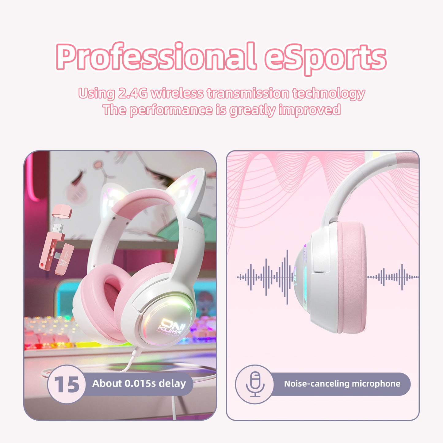 UHM Cat Ear Wireless Gaming Headset for Phone/PC/PS4/PS5/ Nintendo Switch