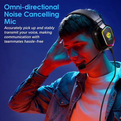 UHM Gaming Headset Wired for PS5 PS4 Xbox One Controller,Over Ear Headphones with Bass Stereo Sound,Noise Cancelling Microphone,RGB Lights for PC Phone Gamers