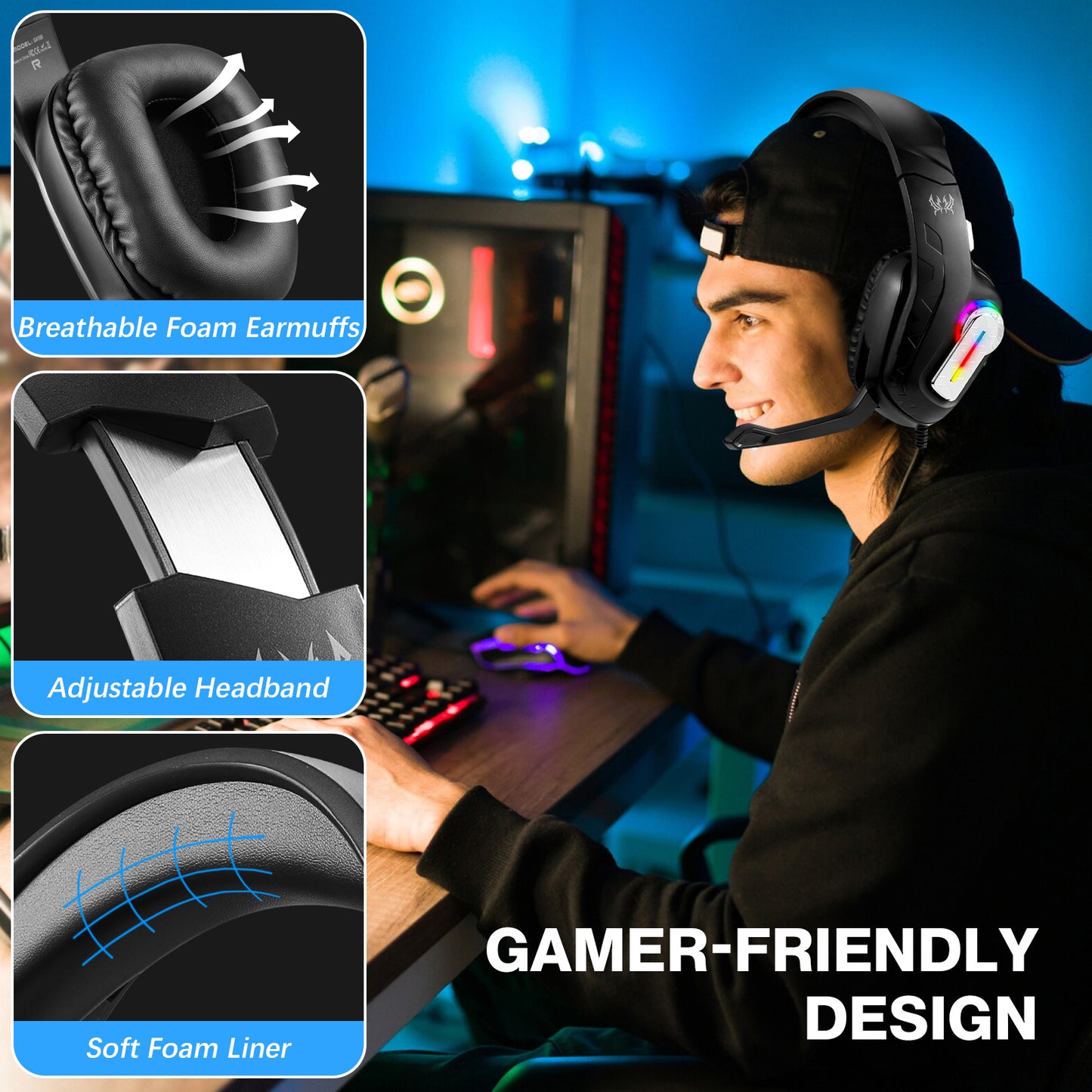 UVQYC Stereo Gaming Headset Wired for PC PS4 PS5 Xbox, Over Ear Headphones