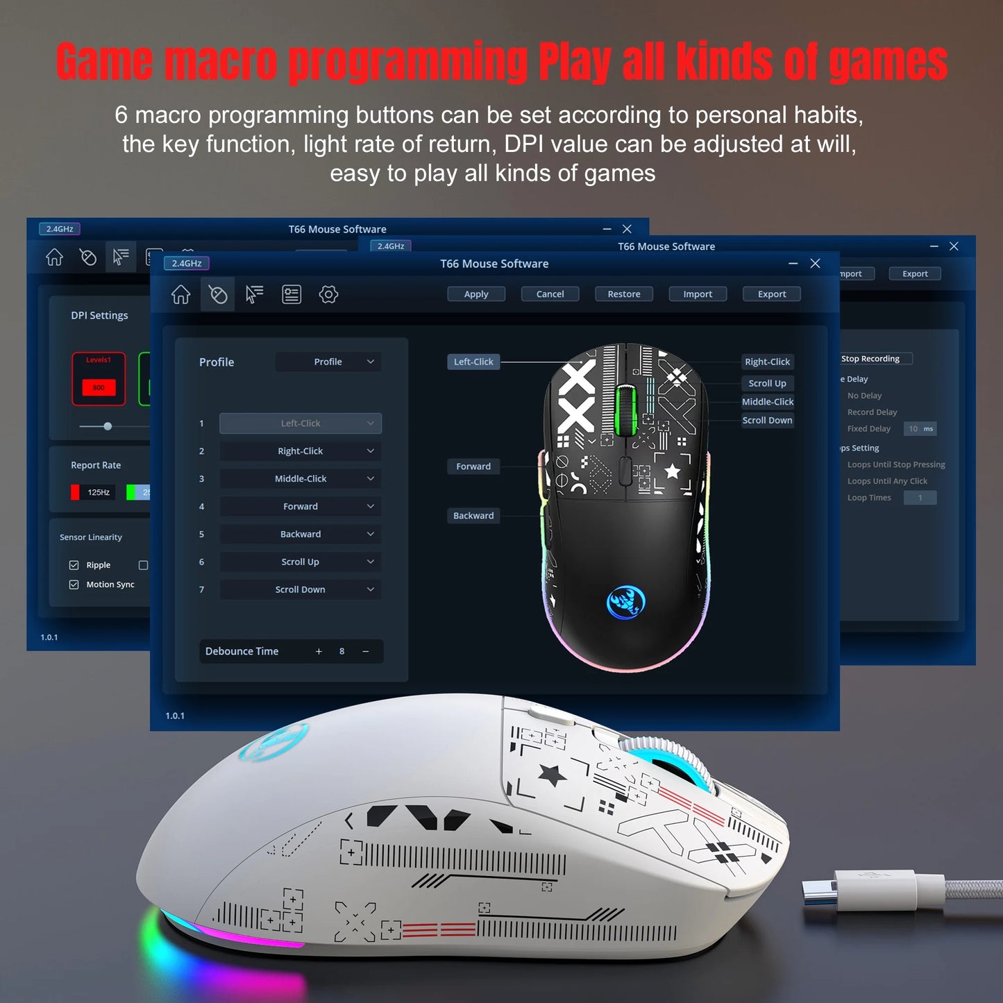 UHM Wirelss Gaming Mouse,Tri-Mode 2.4G/Bluetooth/USB-C Rechargeable Computer Mice with Silent,6 Macro Buttons,Ergonomic Design,Adjustable DPI,6 RGB LED Modes for PC/Mac/Laptop,White