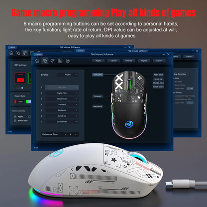 UHM Wirelss Gaming Mouse,Tri-Mode 2.4G/Bluetooth/USB-C Rechargeable Computer Mice with Silent,6 Macro Buttons,Ergonomic Design,Adjustable DPI,6 RGB LED Modes for PC/Mac/Laptop,White