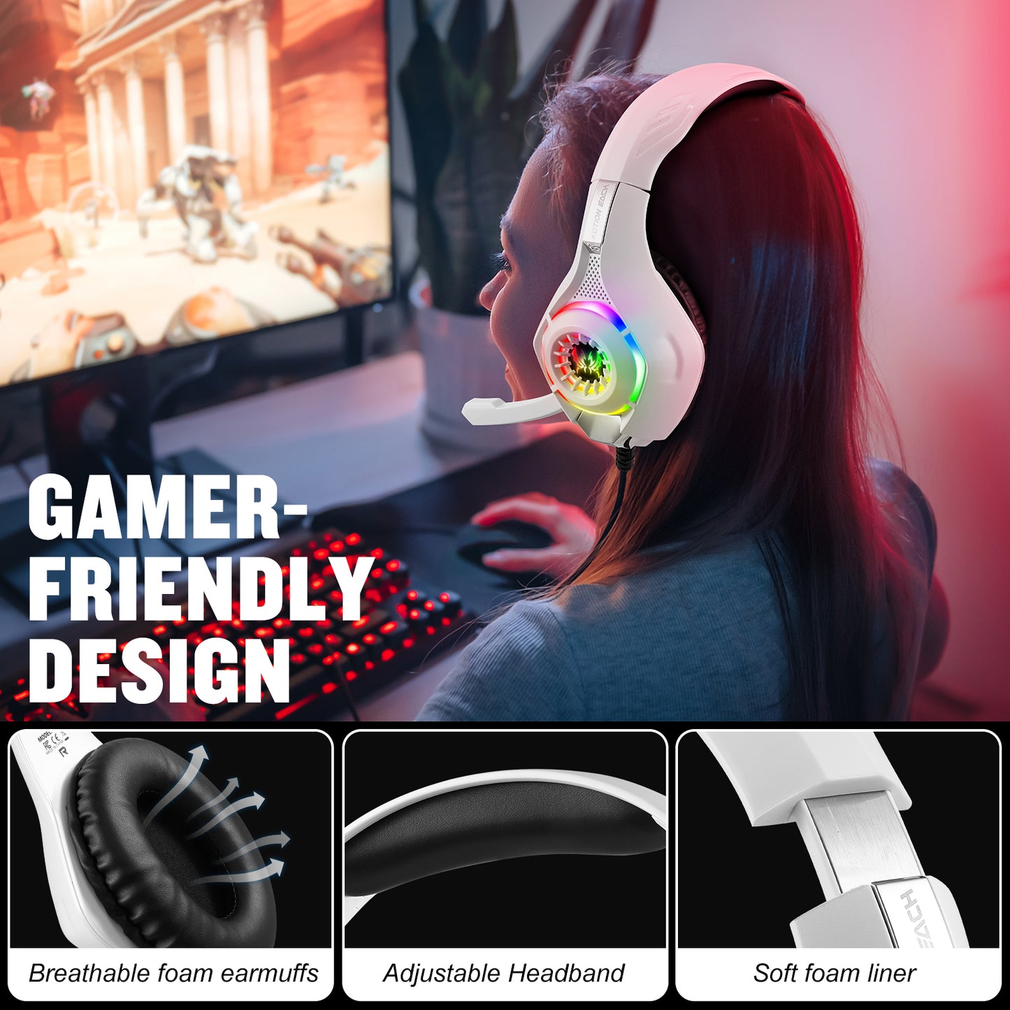RCY Wired Gaming Headsets for PS4 PS5，GS410 White