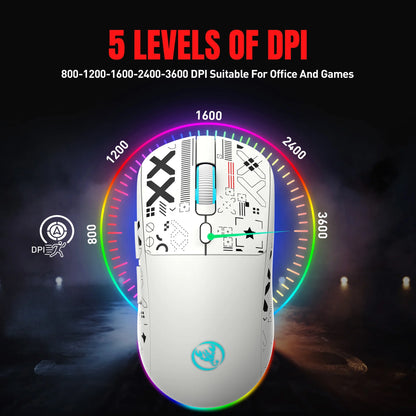 UHM Wirelss Gaming Mouse,Tri-Mode 2.4G/Bluetooth/USB-C Rechargeable Computer Mice with Silent,6 Macro Buttons,Ergonomic Design,Adjustable DPI,6 RGB LED Modes for PC/Mac/Laptop,White