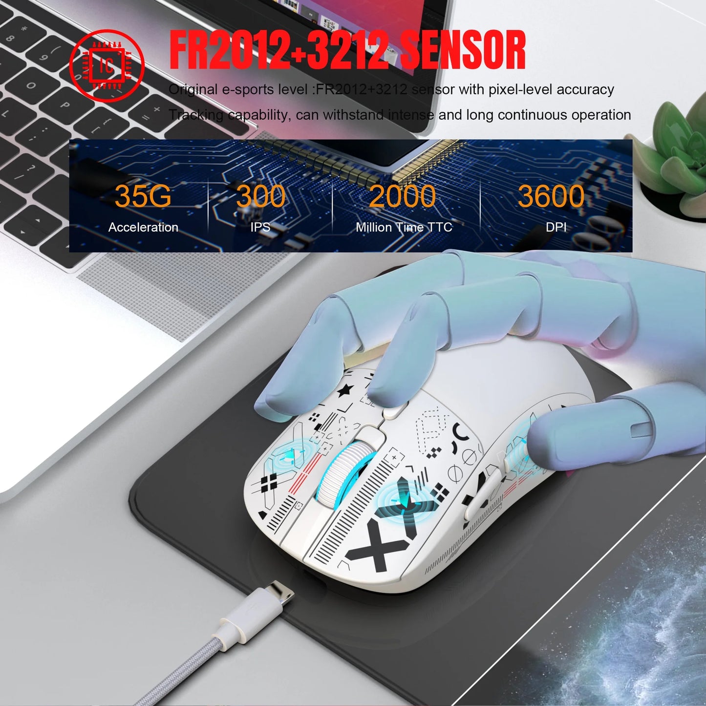 UHM Wirelss Gaming Mouse,Tri-Mode 2.4G/Bluetooth/USB-C Rechargeable Computer Mice with Silent,6 Macro Buttons,Ergonomic Design,Adjustable DPI,6 RGB LED Modes for PC/Mac/Laptop,White