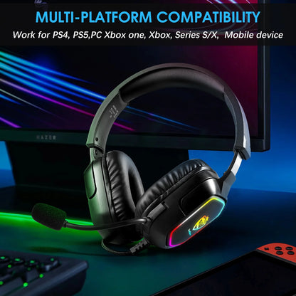 UHM Gaming Headset Wired for PS5 PS4 Xbox One Controller,Over Ear Headphones with Bass Stereo Sound,Noise Cancelling Microphone,RGB Lights for PC Phone Gamers