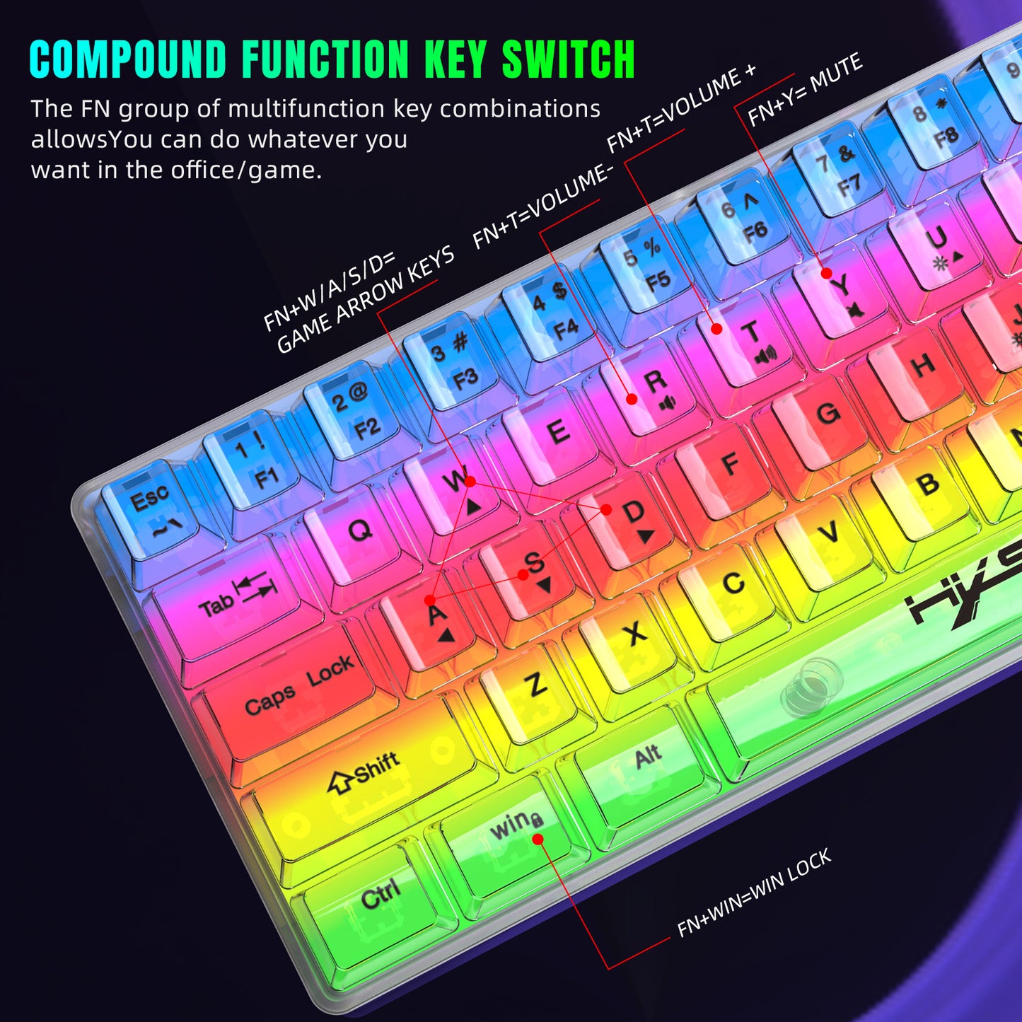 UHM 60% Wired Gaming Keyboard, Fully Transparent
