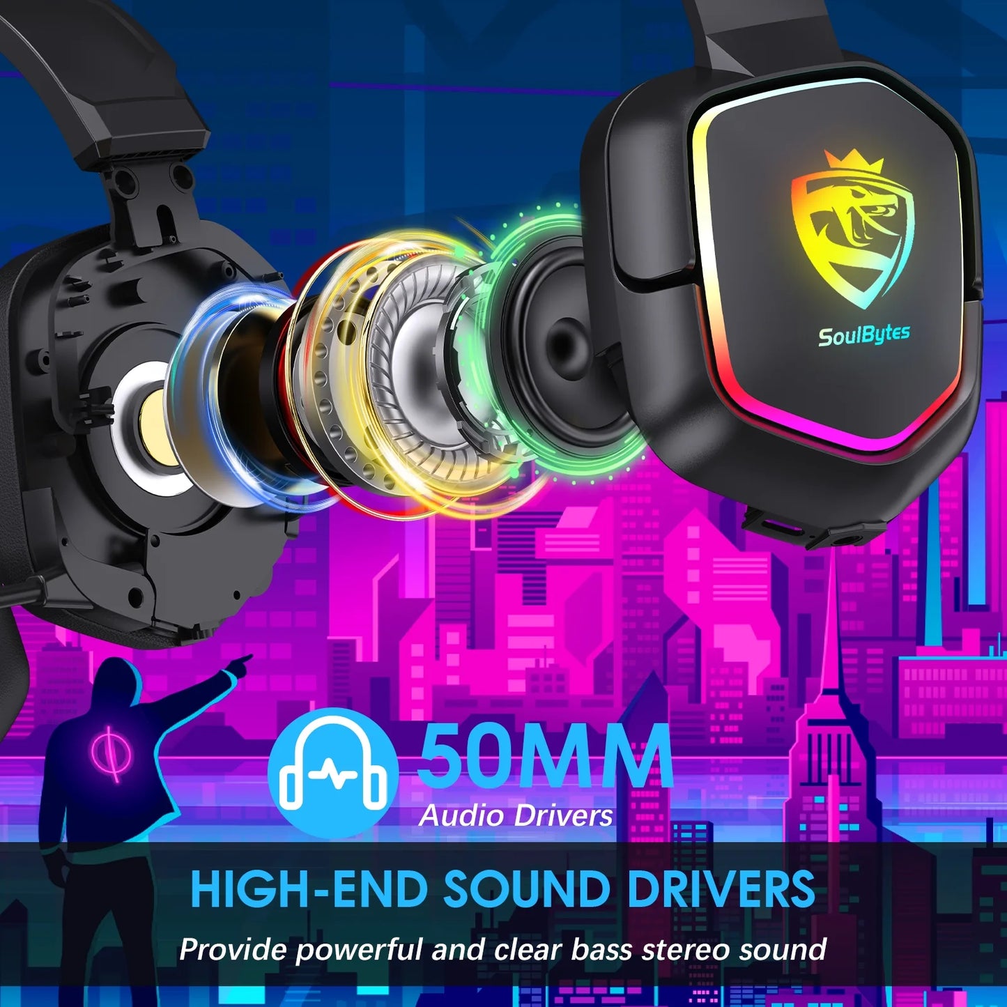 UHM Gaming Headset Wired for PS5 PS4 Xbox One Controller,Over Ear Headphones with Bass Stereo Sound,Noise Cancelling Microphone,RGB Lights for PC Phone Gamers