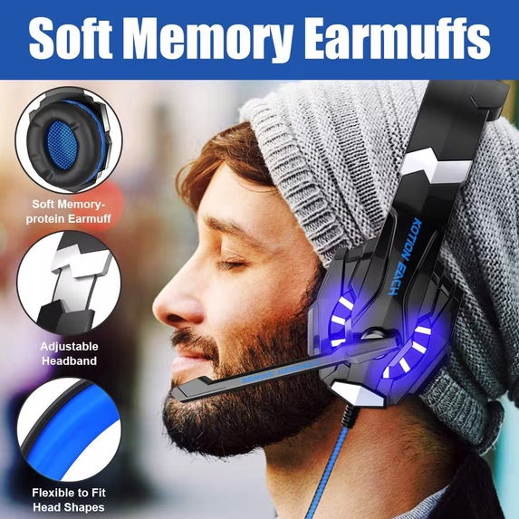UHM Stereo Gaming Headset Wired for PS5 PS4 PC Xbox One Controller, Noise Cancelling Over Ear Headphones with Mic, LED Light, Bass Surround, Soft Memory Earmuffs,Blue