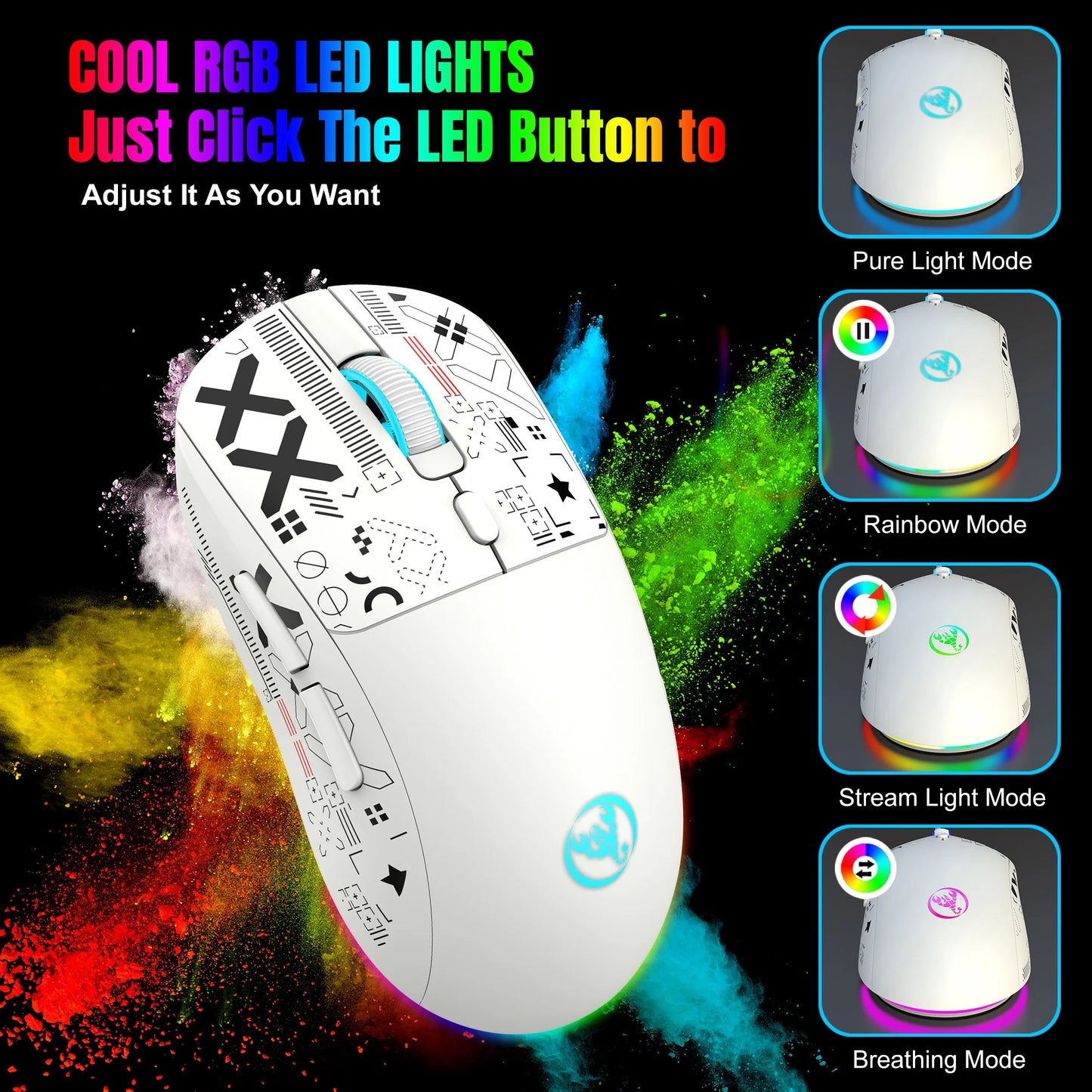 UHM Wirelss Gaming Mouse,Tri-Mode 2.4G/Bluetooth/USB-C Rechargeable Computer Mice with Silent,6 Macro Buttons,Ergonomic Design,Adjustable DPI,6 RGB LED Modes for PC/Mac/Laptop,White