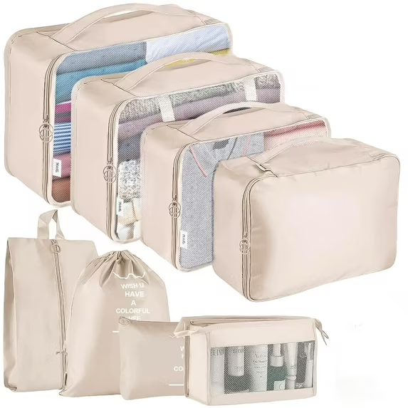 UVQYC  Packing Cubes for Travel, 8Pcs Travel Cubes Set Foldable Waterproof Suitcase Organizer Luggage Storage Bag, Beige