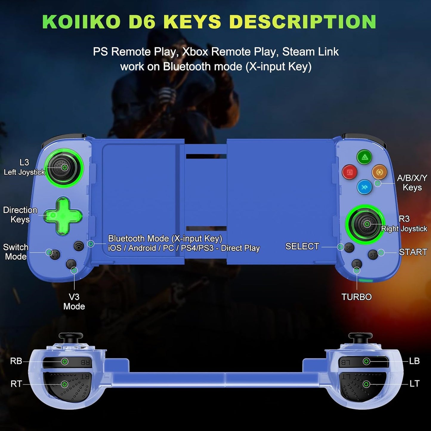 RCY Phone Game Controller for iPhone/Android/PC/Switch,D7 Blue