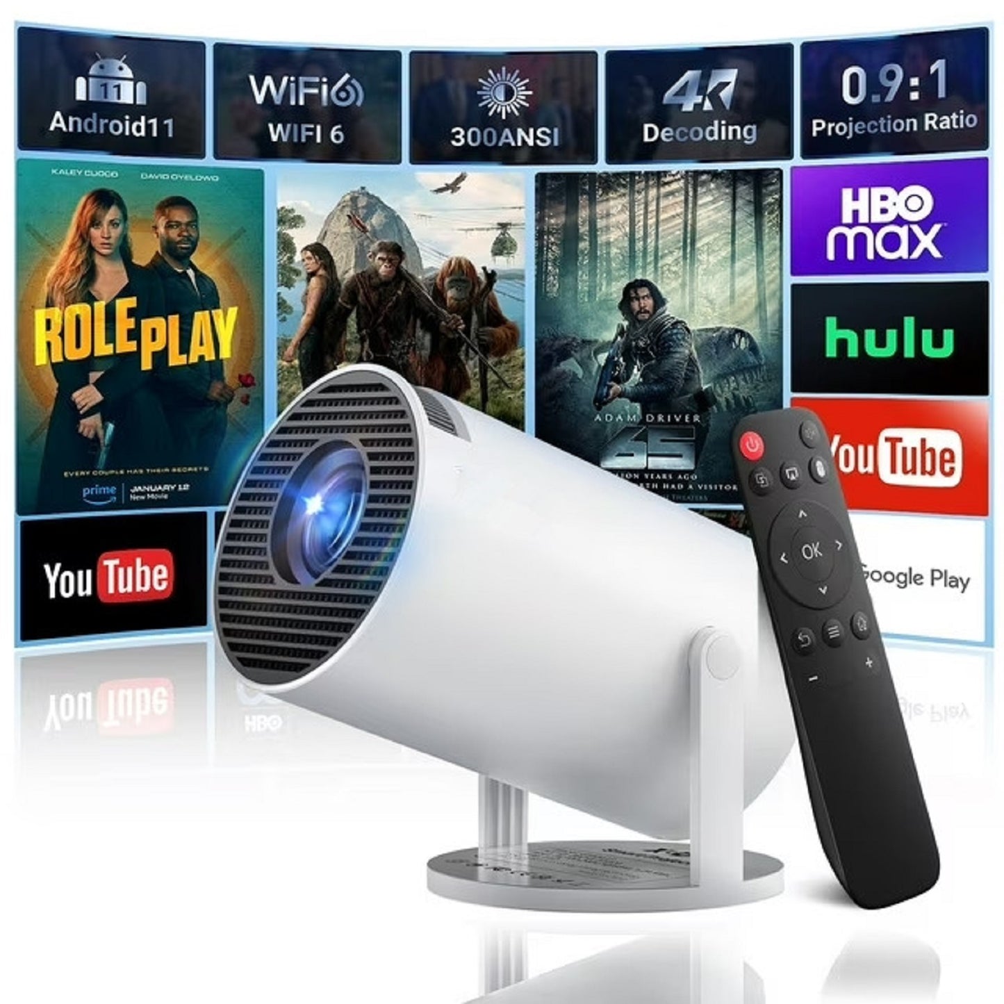 UHM Mini Projector with WIFI 6 and Bluetooth, 4K 1080P Support Portable Projector 180° Rotatable 130'' Screen Movie Projector