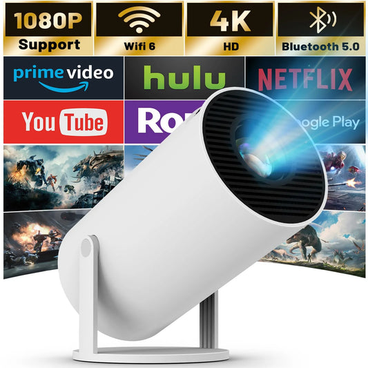 UHM Mini Projector with WIFI 6 and Bluetooth, 4K 1080P Support Portable Projector 180° Rotatable 130'' Screen Movie Projector