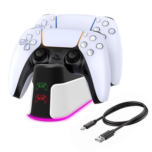 PS5 Controller Charger, Dual Controller Charging Station for Playstation 5 Dualsense, PS5 Charging Station for Elite Controllers,RGB Linghting,Fast Charging (White)