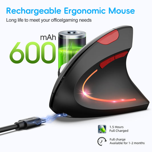RCY Wireless Vertical Mouse, Up 2400 DPI Silent Mouse,Black