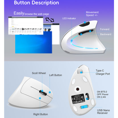 UHM Vertical Gaming Mouse，T22 White