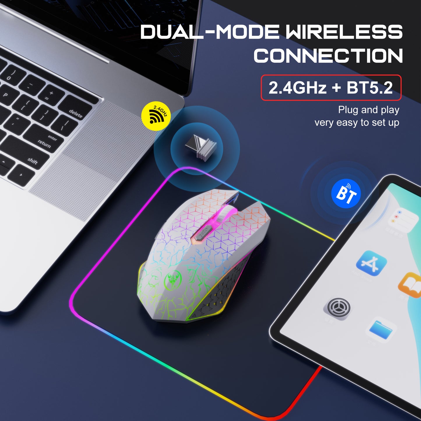 RCY 2.4G & Bluetooth 5.2 Dual Mode Wireless Gaming Mice, T34 White