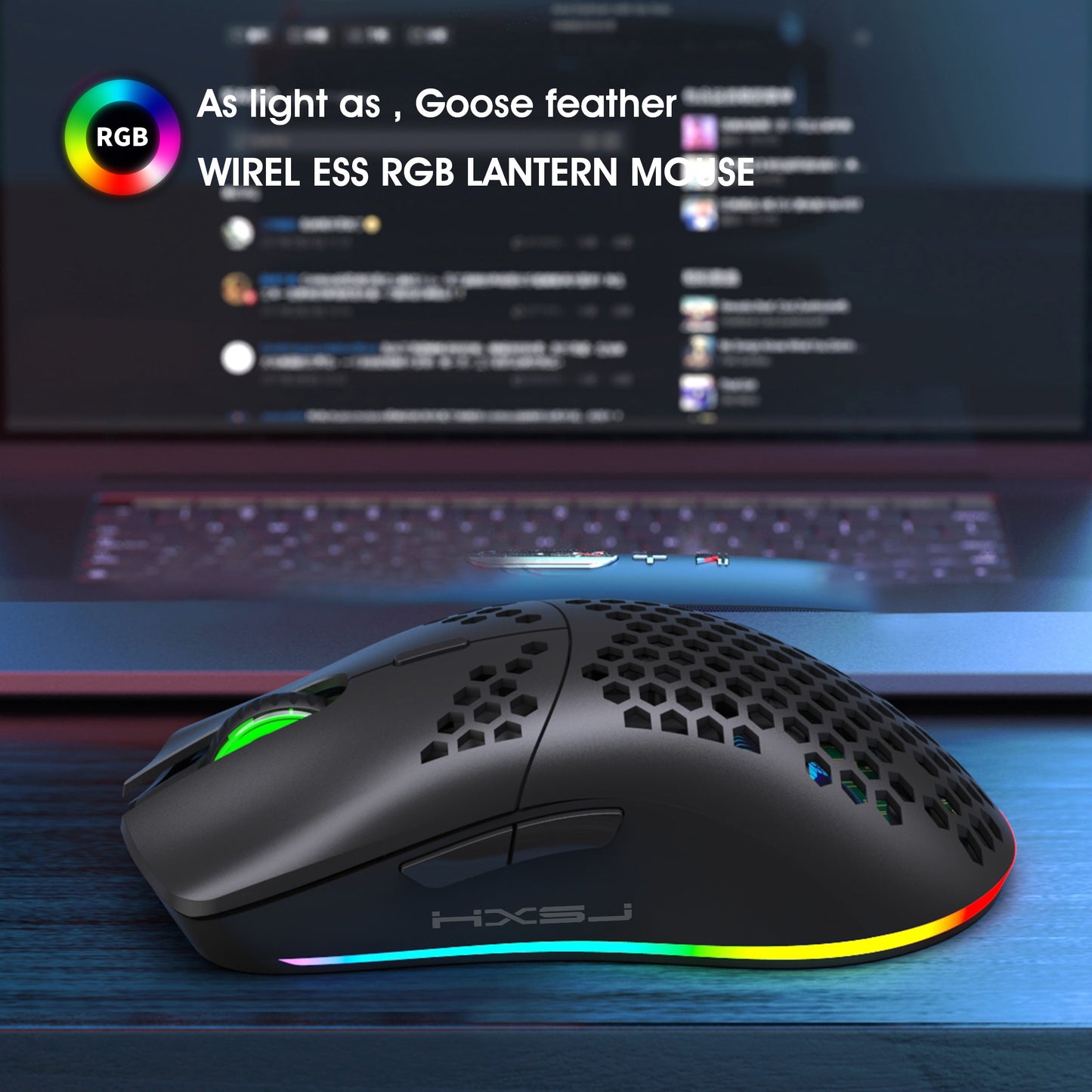 UHM Ultralight Wireless Gaming Mouse,6 Kinds RGB Backlit,5 Levels Adjustable,Lightweight Honeycomb Shell Mice for PC Gamers,Xbox,PS4(Black)
