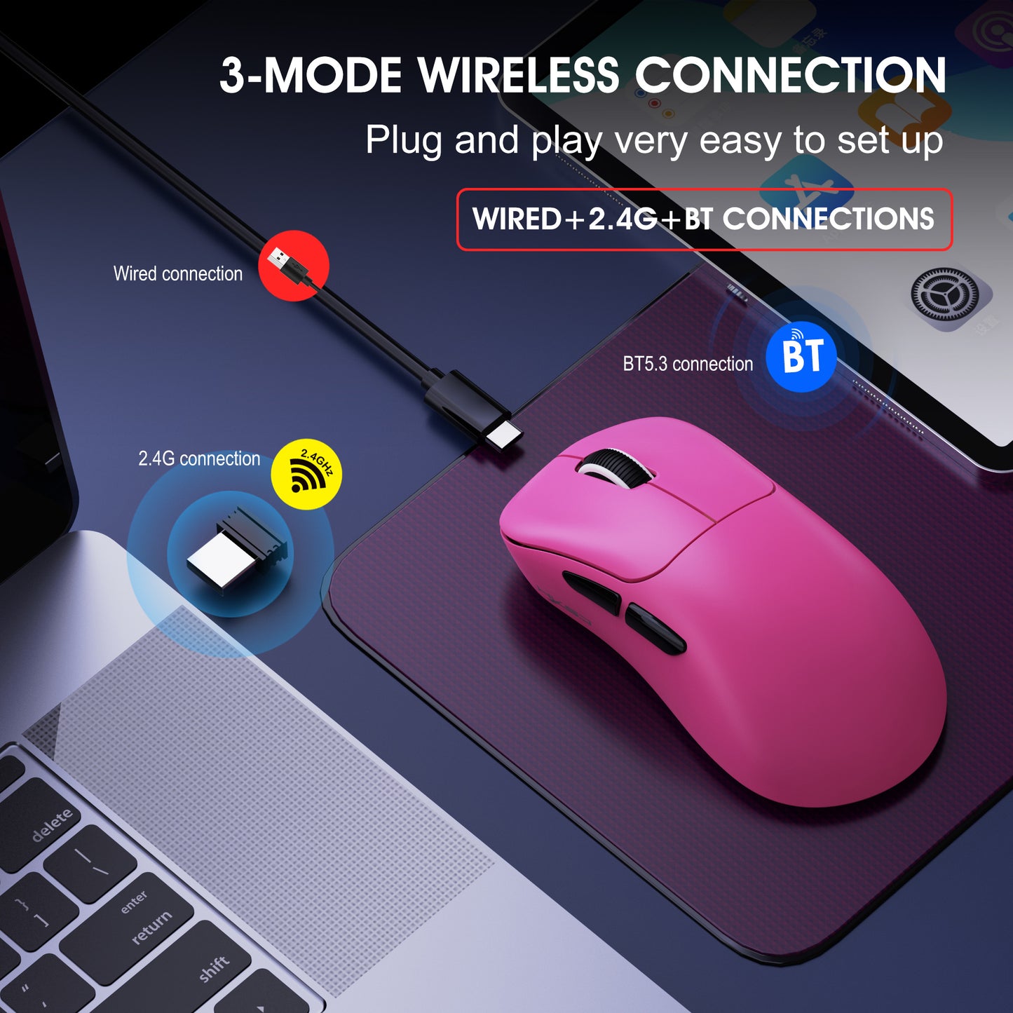 UVQYC Wireless Gaming Mouse With 57g Lightweight Design,10000DPI-Pink